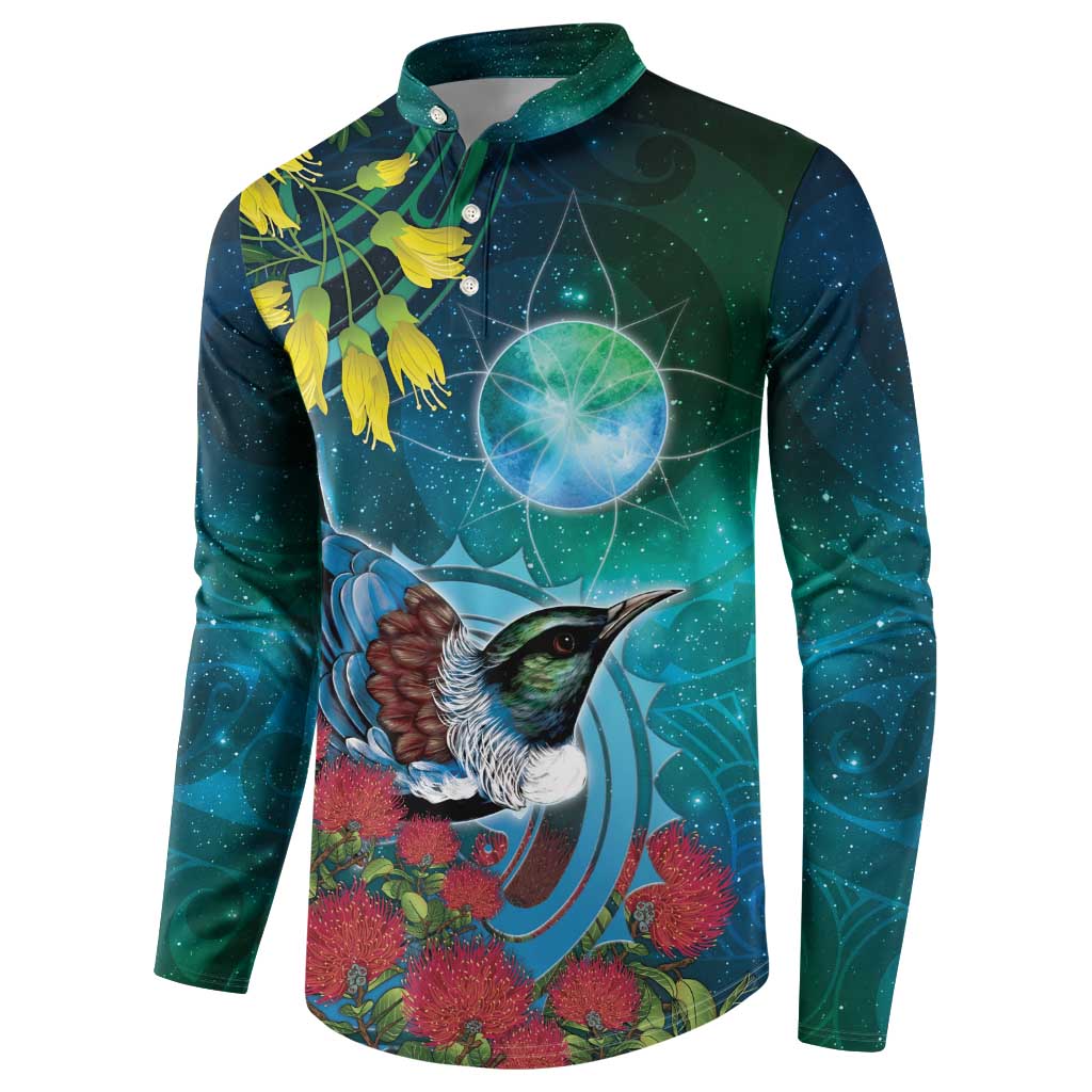 New Zealand Tui Bird Button Sweatshirt Maori Koru With Pohutukawa Galaxy Style - Aussie Hoodie