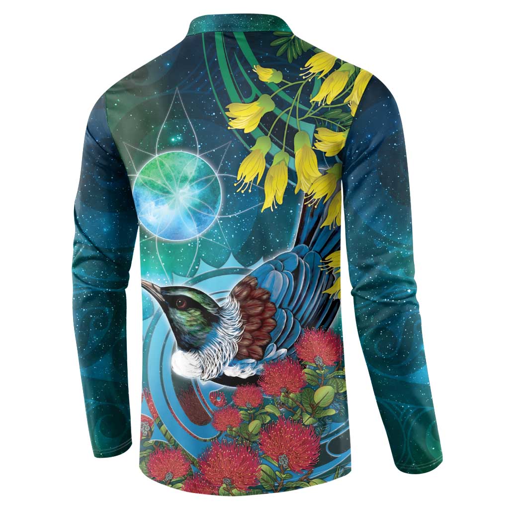 New Zealand Tui Bird Button Sweatshirt Maori Koru With Pohutukawa Galaxy Style - Aussie Hoodie