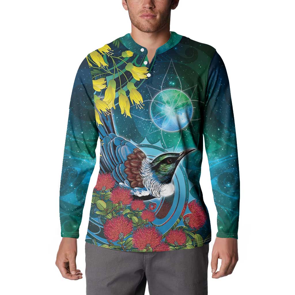 New Zealand Tui Bird Button Sweatshirt Maori Koru With Pohutukawa Galaxy Style - Aussie Hoodie