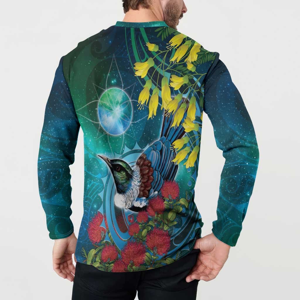 New Zealand Tui Bird Button Sweatshirt Maori Koru With Pohutukawa Galaxy Style - Aussie Hoodie
