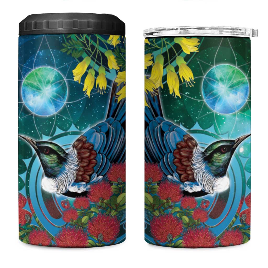 New Zealand Tui Bird 4 in 1 Can Cooler Tumbler Maori Koru With Pohutukawa Galaxy Style - Aussie Hoodie