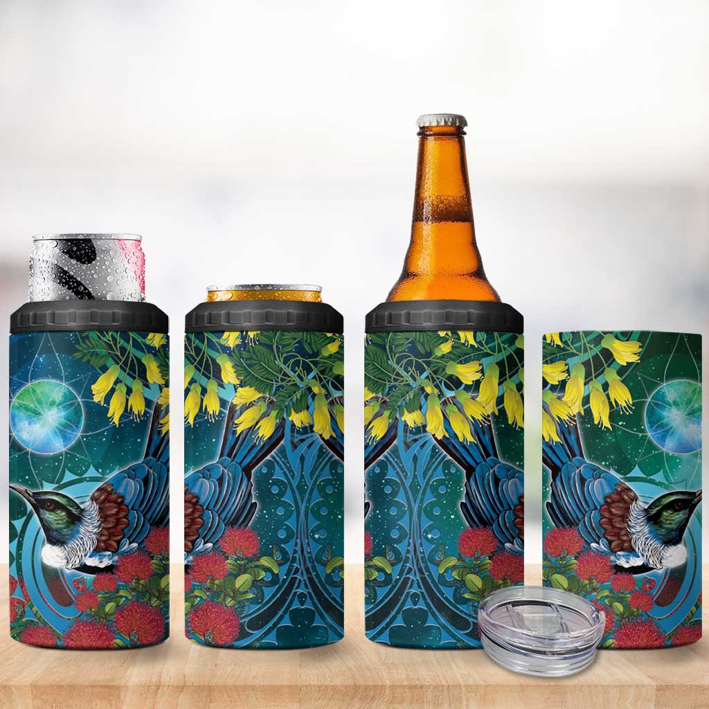 New Zealand Tui Bird 4 in 1 Can Cooler Tumbler Maori Koru With Pohutukawa Galaxy Style - Aussie Hoodie