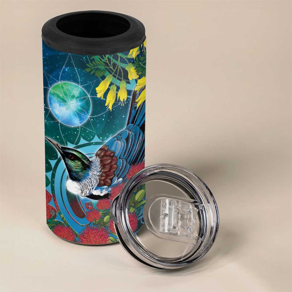 New Zealand Tui Bird 4 in 1 Can Cooler Tumbler Maori Koru With Pohutukawa Galaxy Style - Aussie Hoodie