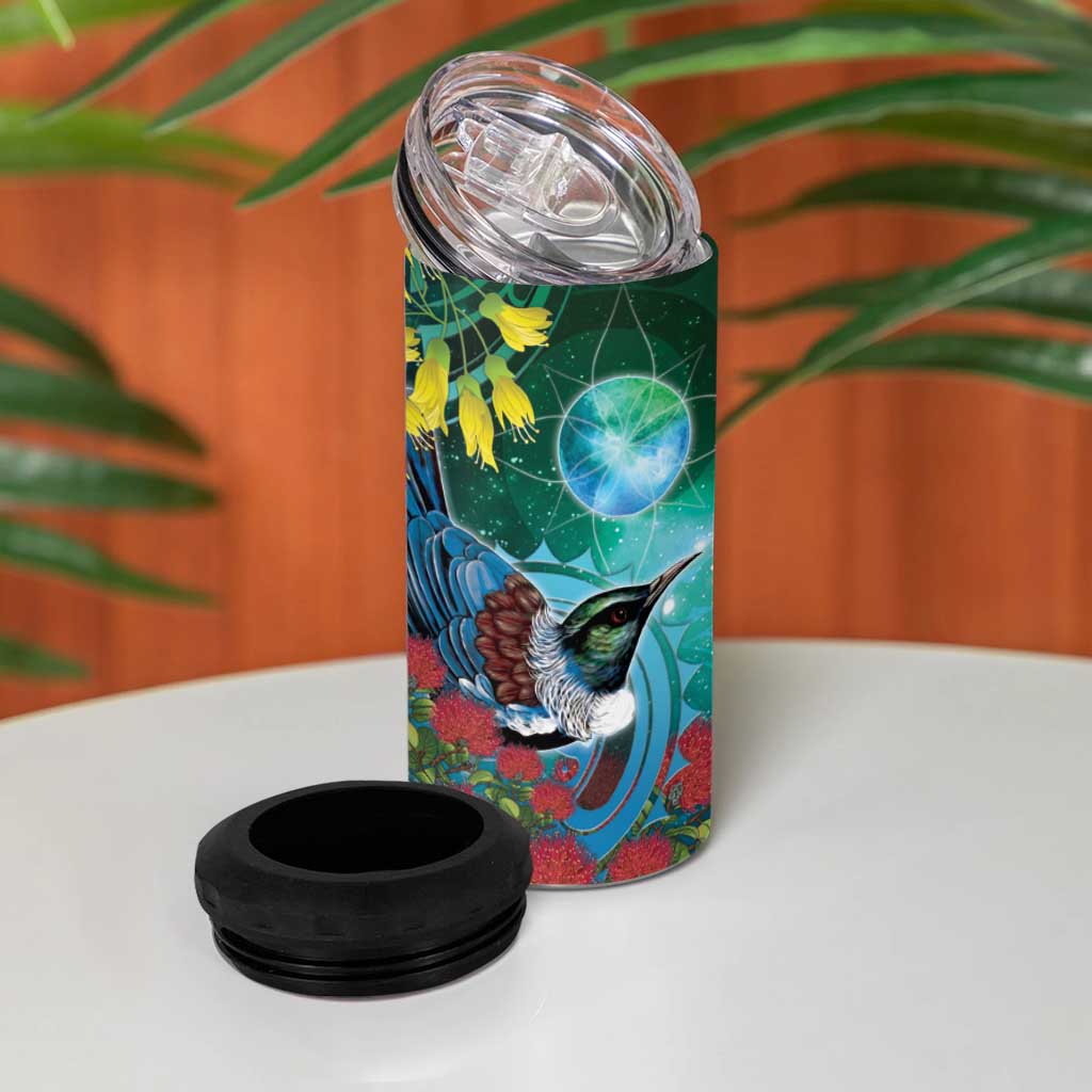 New Zealand Tui Bird 4 in 1 Can Cooler Tumbler Maori Koru With Pohutukawa Galaxy Style - Aussie Hoodie