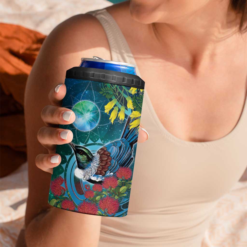 New Zealand Tui Bird 4 in 1 Can Cooler Tumbler Maori Koru With Pohutukawa Galaxy Style - Aussie Hoodie