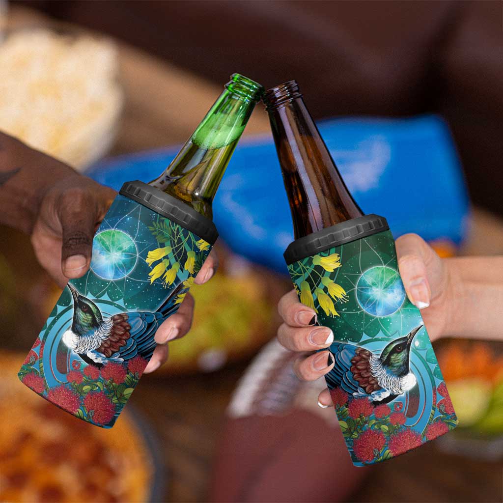 New Zealand Tui Bird 4 in 1 Can Cooler Tumbler Maori Koru With Pohutukawa Galaxy Style - Aussie Hoodie