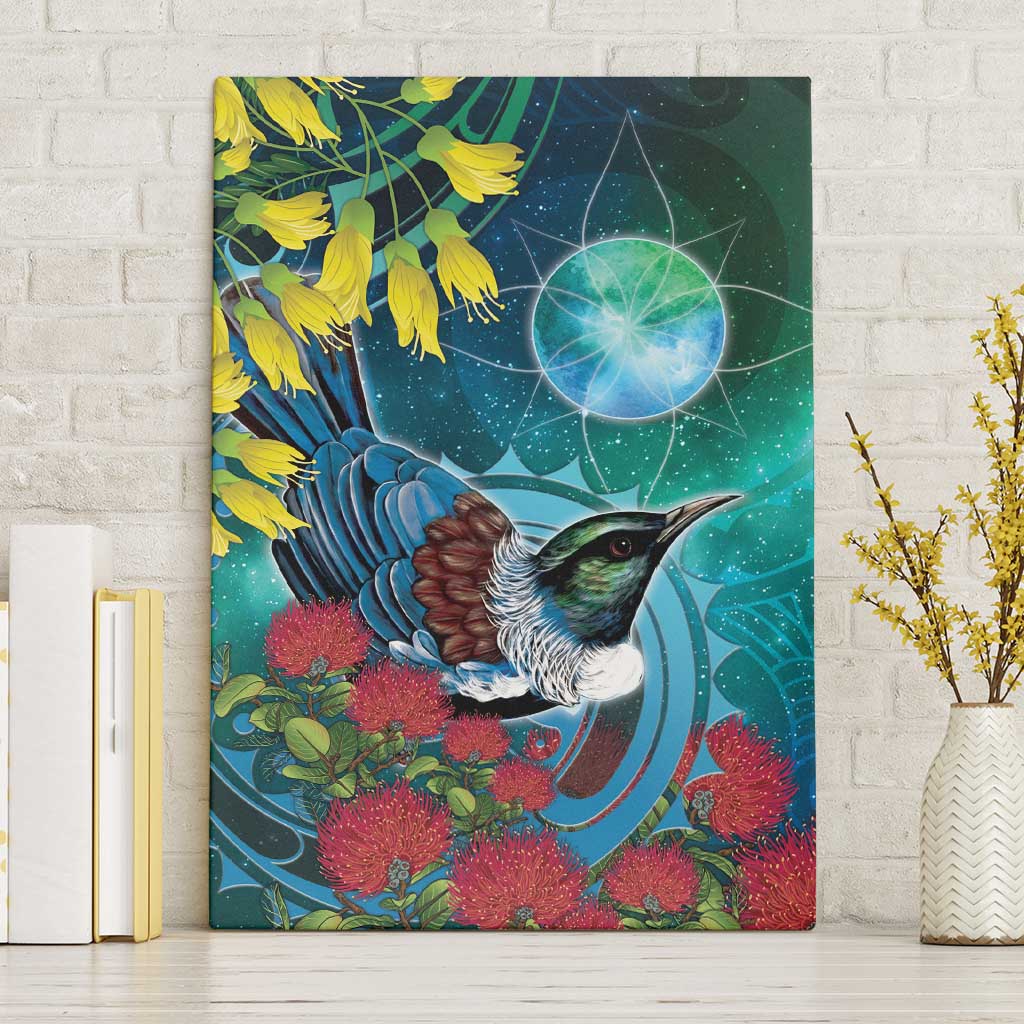 New Zealand Tui Bird Canvas Wall Art Maori Koru With Pohutukawa Galaxy Style - Aussie Hoodie