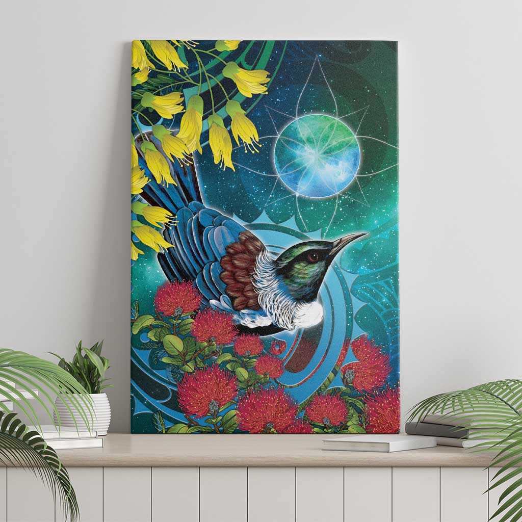 New Zealand Tui Bird Canvas Wall Art Maori Koru With Pohutukawa Galaxy Style - Aussie Hoodie