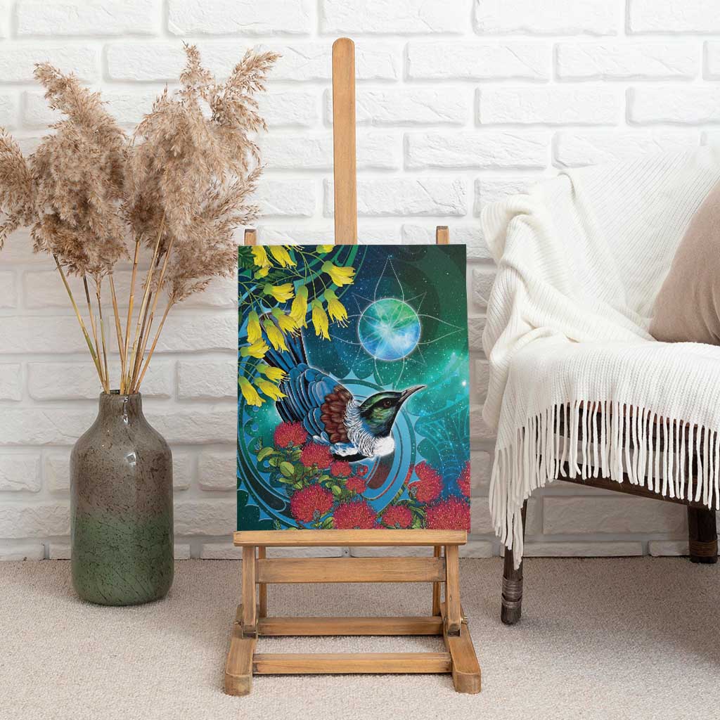 New Zealand Tui Bird Canvas Wall Art Maori Koru With Pohutukawa Galaxy Style - Aussie Hoodie
