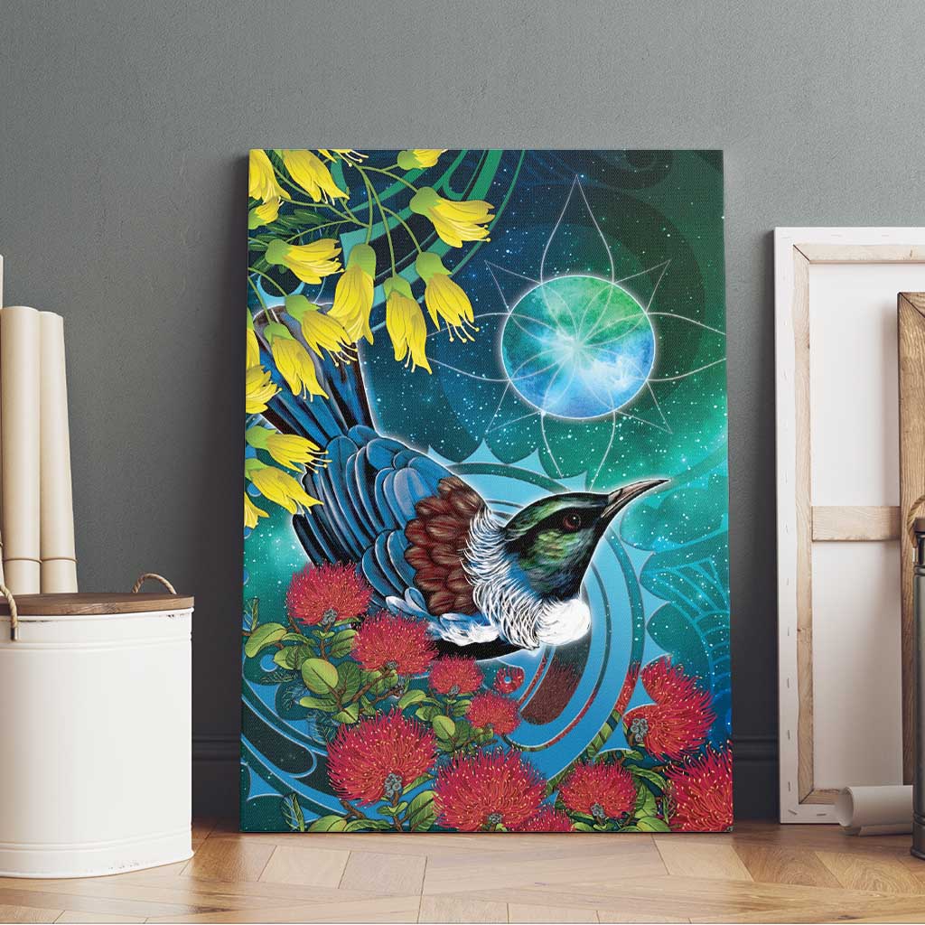 New Zealand Tui Bird Canvas Wall Art Maori Koru With Pohutukawa Galaxy Style - Aussie Hoodie