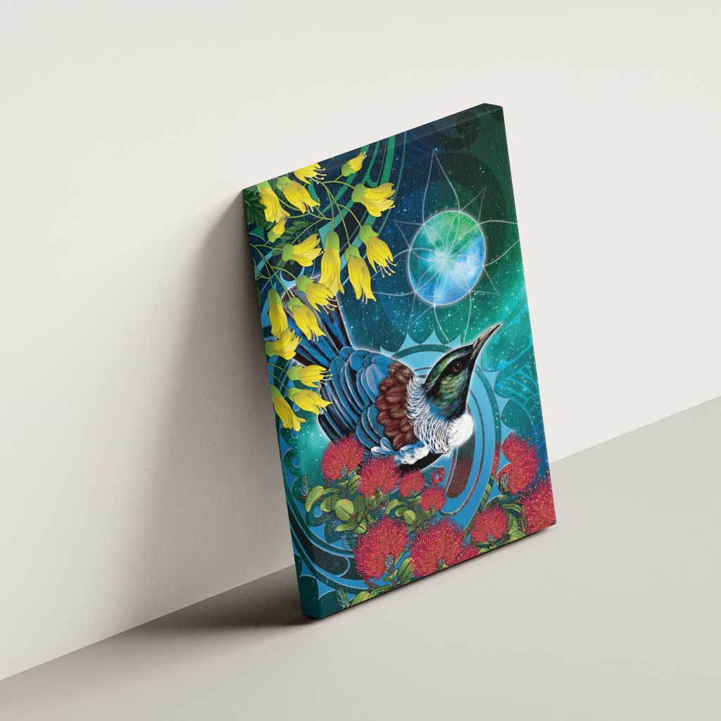 New Zealand Tui Bird Canvas Wall Art Maori Koru With Pohutukawa Galaxy Style - Aussie Hoodie