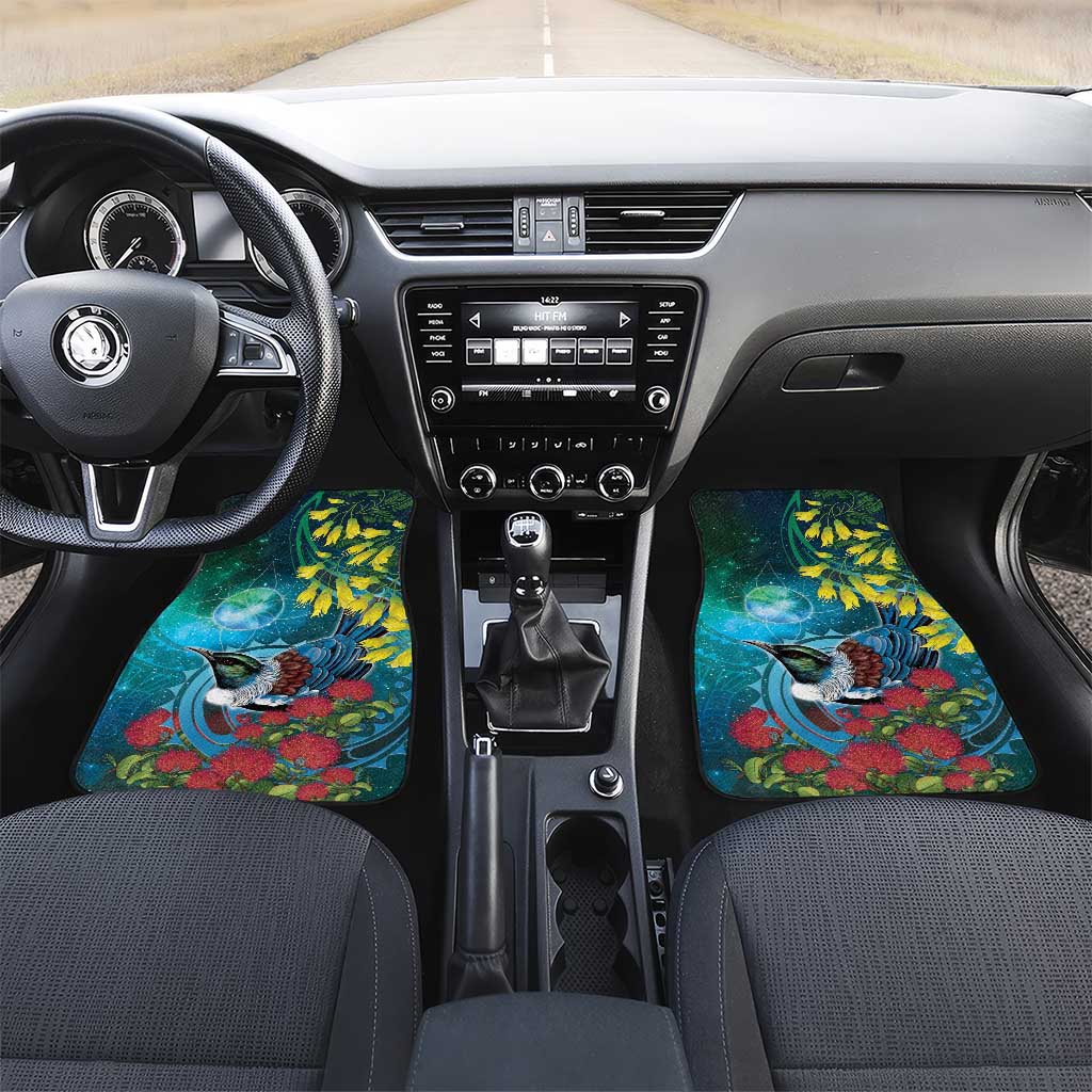 New Zealand Tui Bird Car Mats Maori Koru With Pohutukawa Galaxy Style - Aussie Hoodie