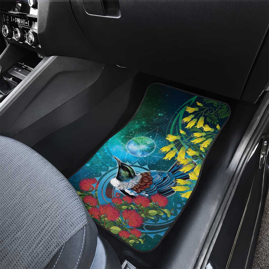 New Zealand Tui Bird Car Mats Maori Koru With Pohutukawa Galaxy Style - Aussie Hoodie