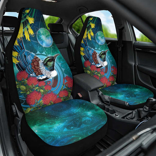 New Zealand Tui Bird Car Seat Cover Maori Koru With Pohutukawa Galaxy Style - Aussie Hoodie