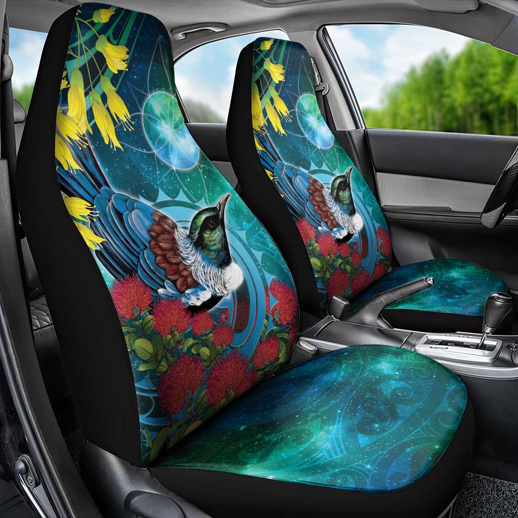 New Zealand Tui Bird Car Seat Cover Maori Koru With Pohutukawa Galaxy Style - Aussie Hoodie