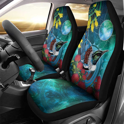 New Zealand Tui Bird Car Seat Cover Maori Koru With Pohutukawa Galaxy Style - Aussie Hoodie