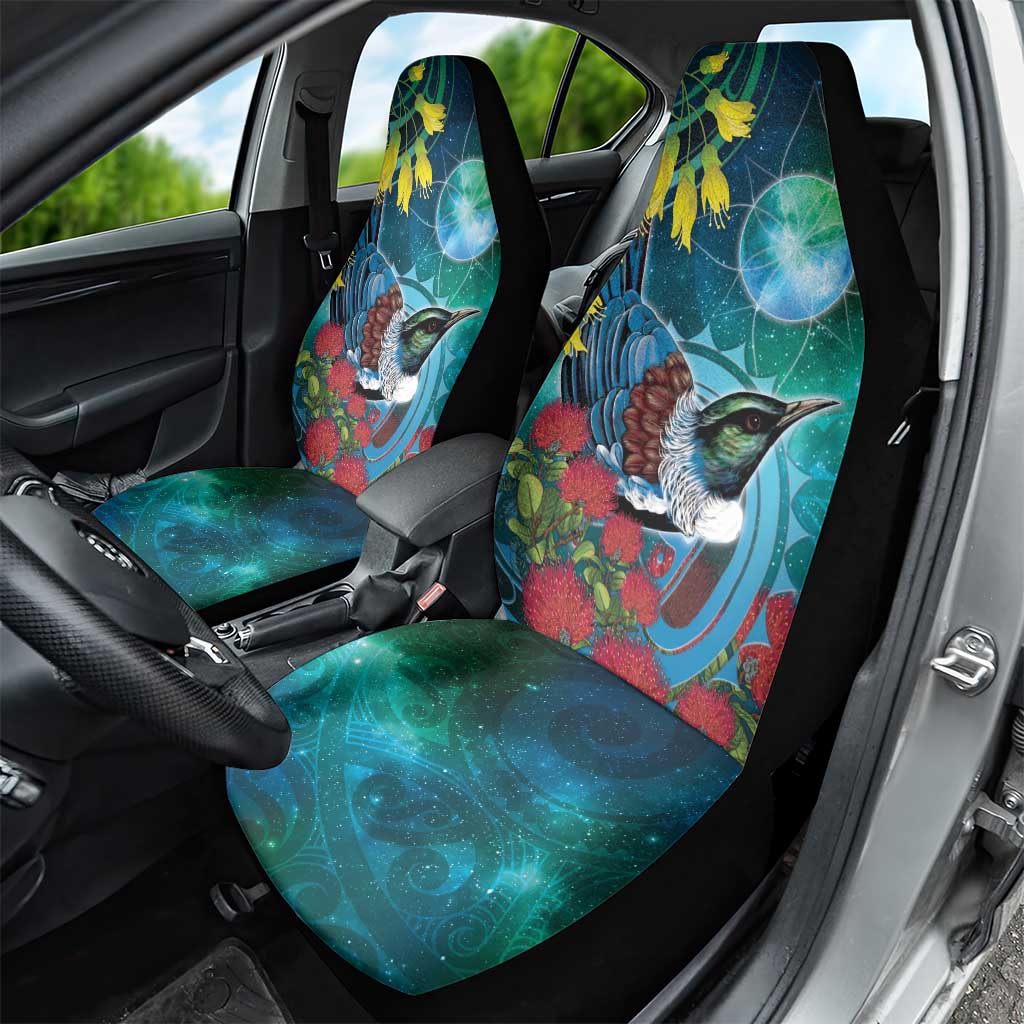 New Zealand Tui Bird Car Seat Cover Maori Koru With Pohutukawa Galaxy Style - Aussie Hoodie