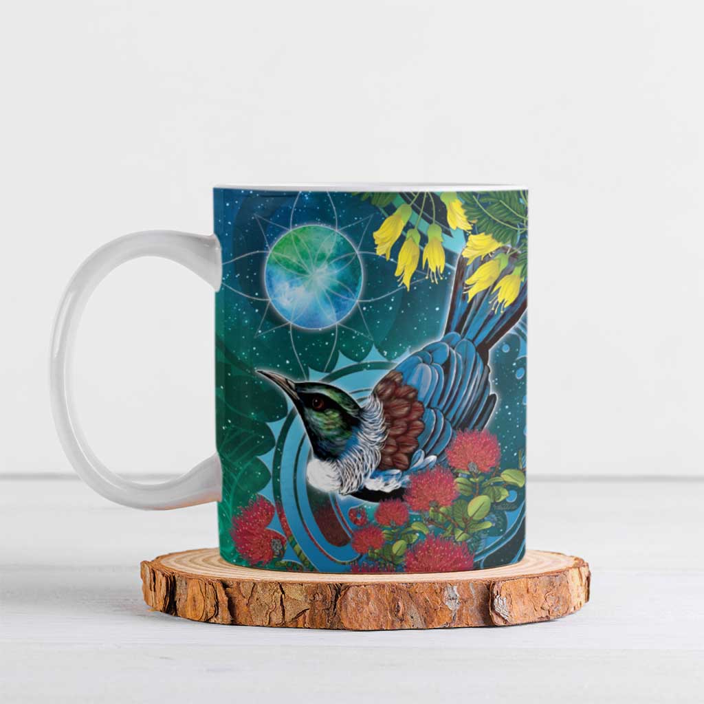 New Zealand Tui Bird Ceramic Mug Maori Koru With Pohutukawa Galaxy Style - Aussie Hoodie