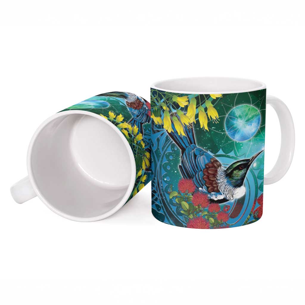New Zealand Tui Bird Ceramic Mug Maori Koru With Pohutukawa Galaxy Style - Aussie Hoodie