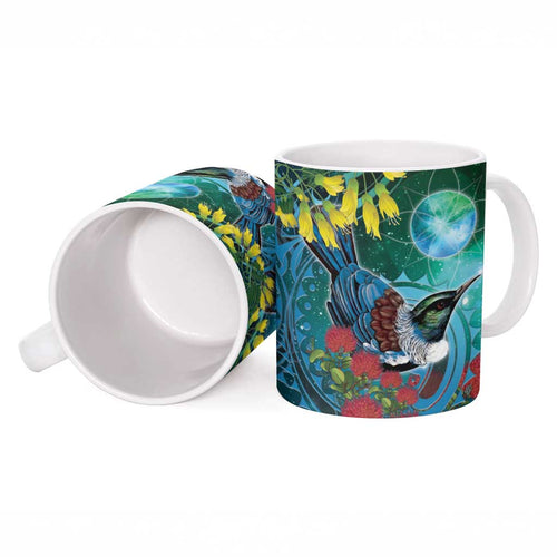 New Zealand Tui Bird Ceramic Mug Maori Koru With Pohutukawa Galaxy Style - Aussie Hoodie