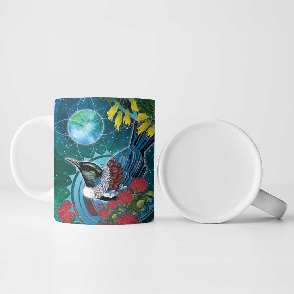 New Zealand Tui Bird Ceramic Mug Maori Koru With Pohutukawa Galaxy Style - Aussie Hoodie