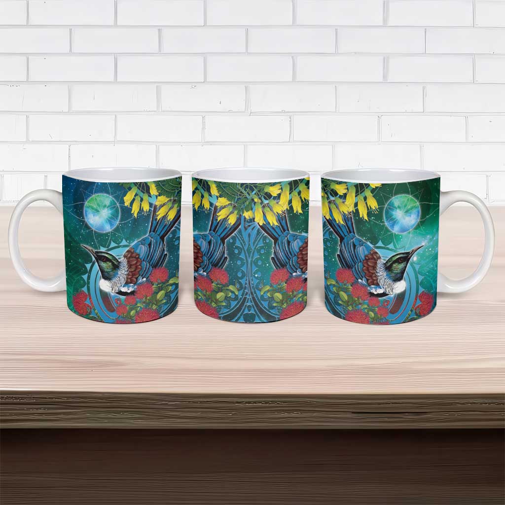 New Zealand Tui Bird Ceramic Mug Maori Koru With Pohutukawa Galaxy Style - Aussie Hoodie