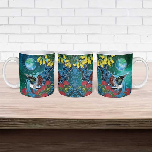 New Zealand Tui Bird Ceramic Mug Maori Koru With Pohutukawa Galaxy Style - Aussie Hoodie