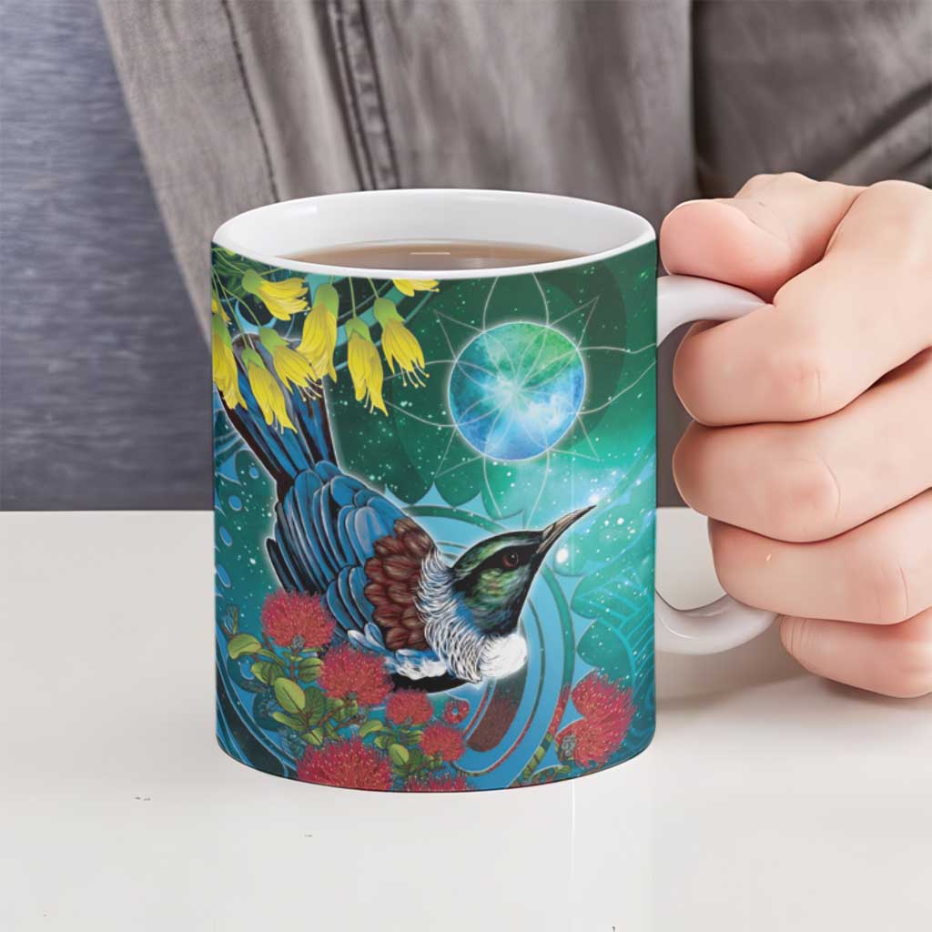 New Zealand Tui Bird Ceramic Mug Maori Koru With Pohutukawa Galaxy Style - Aussie Hoodie