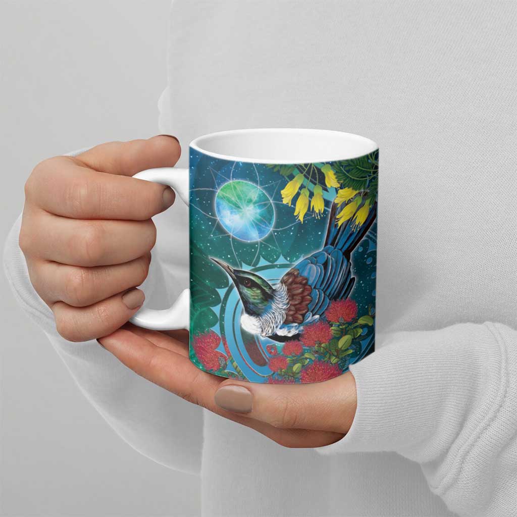 New Zealand Tui Bird Ceramic Mug Maori Koru With Pohutukawa Galaxy Style - Aussie Hoodie