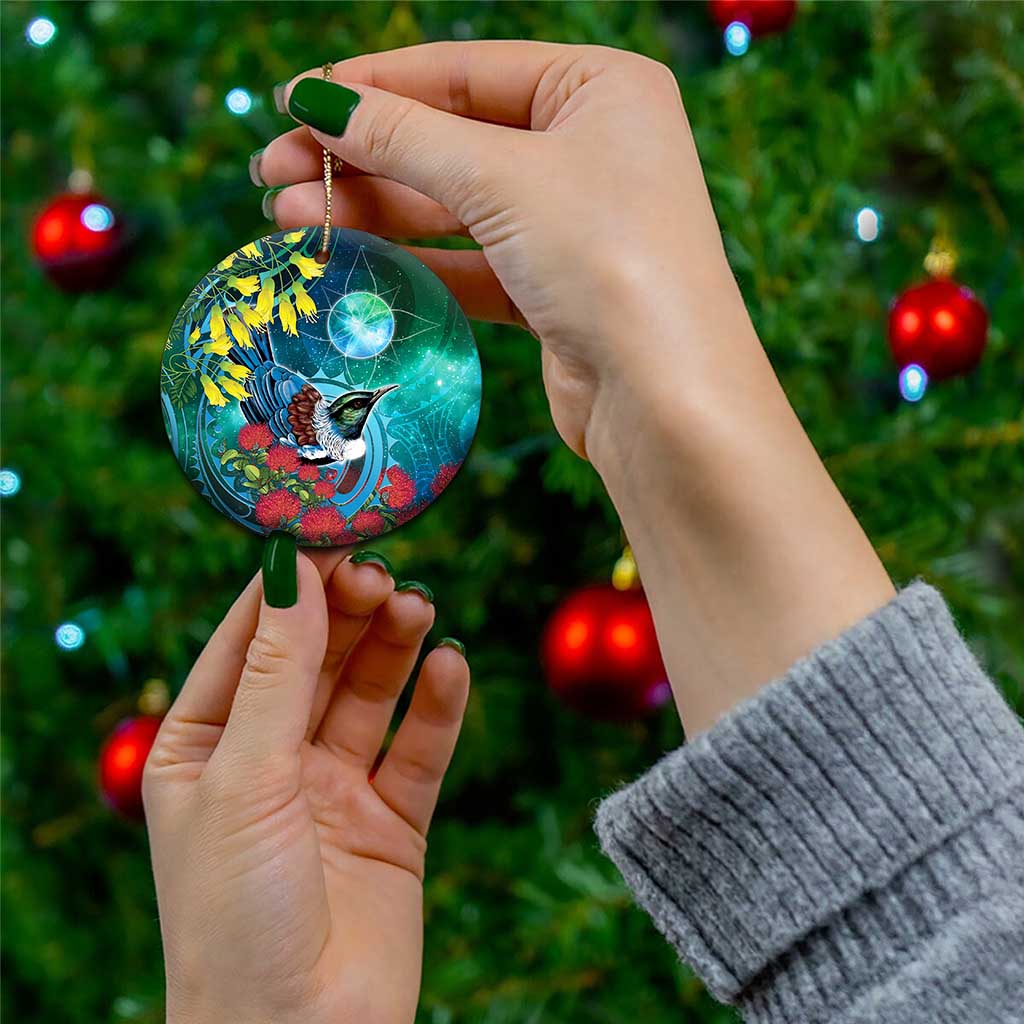 New Zealand Tui Bird Ceramic Ornament Maori Koru With Pohutukawa Galaxy Style - Aussie Hoodie