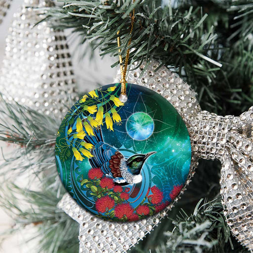 New Zealand Tui Bird Ceramic Ornament Maori Koru With Pohutukawa Galaxy Style - Aussie Hoodie