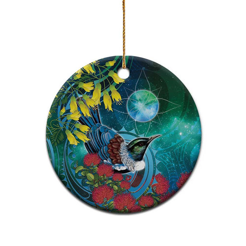 New Zealand Tui Bird Ceramic Ornament Maori Koru With Pohutukawa Galaxy Style - Aussie Hoodie