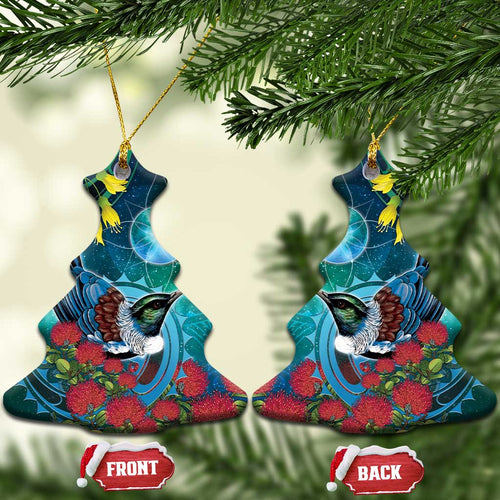 New Zealand Tui Bird Ceramic Ornament Maori Koru With Pohutukawa Galaxy Style - Aussie Hoodie