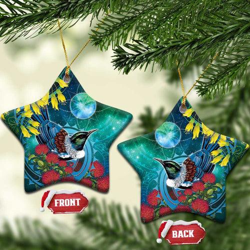 New Zealand Tui Bird Ceramic Ornament Maori Koru With Pohutukawa Galaxy Style - Aussie Hoodie