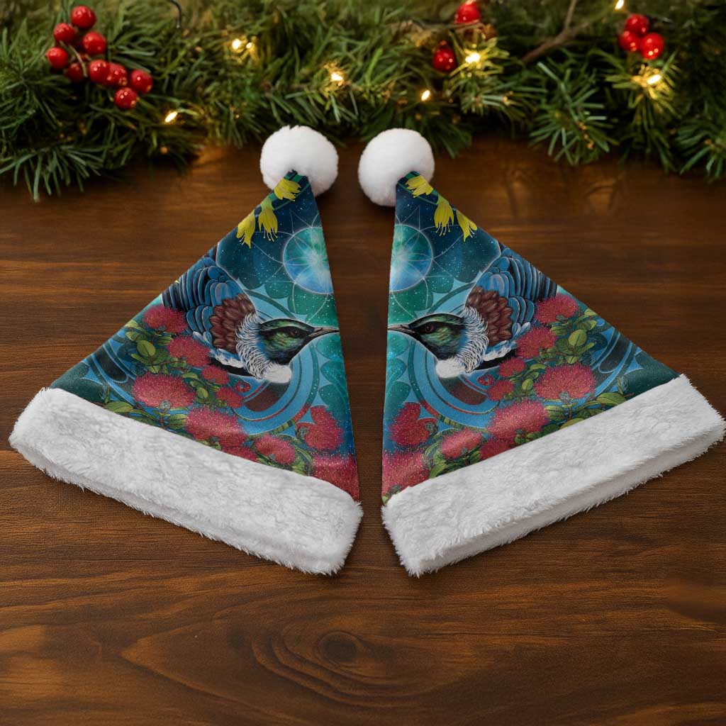 New Zealand Tui Bird Christmas Santa Hat Maori Koru With Pohutukawa Galaxy Style - Aussie Hoodie