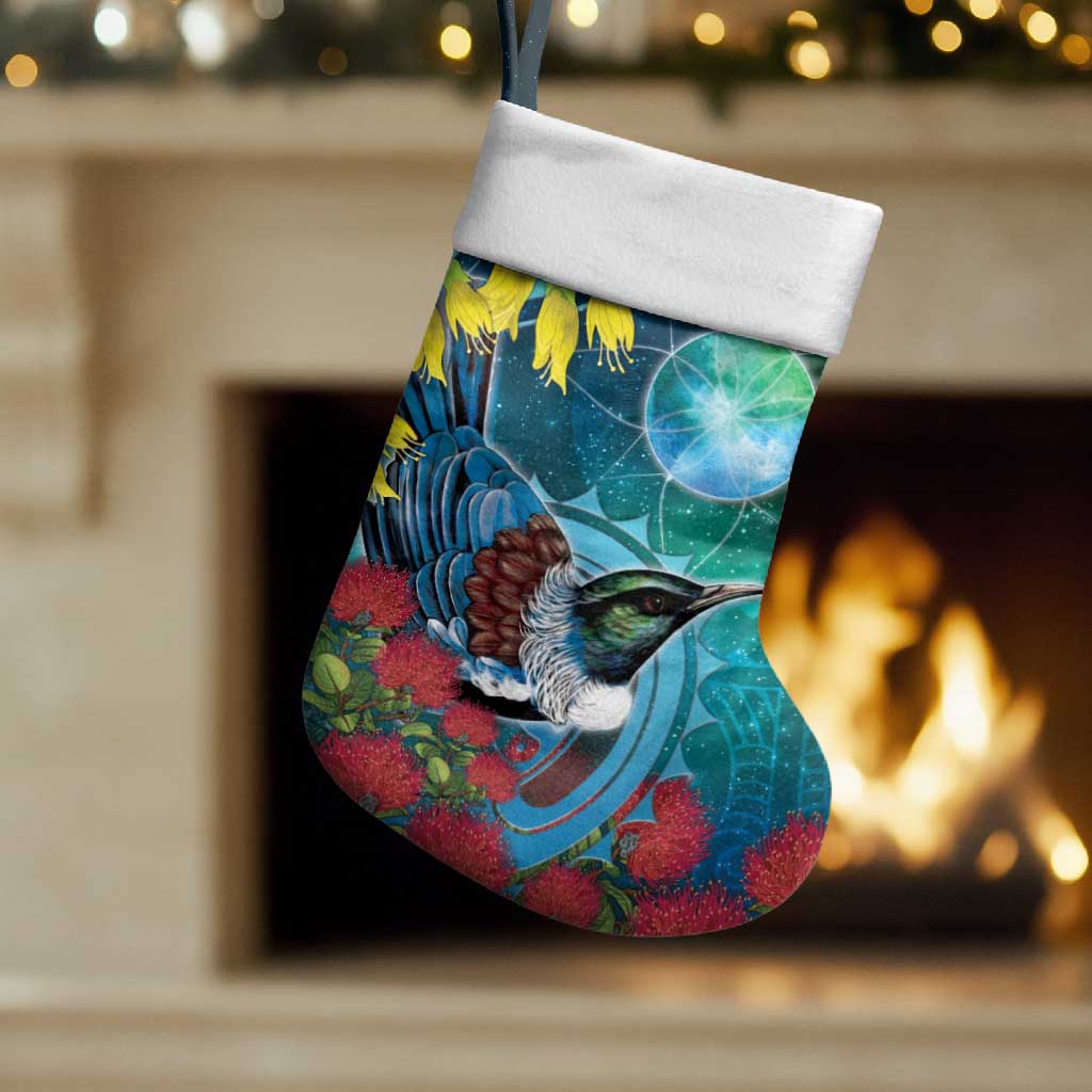 New Zealand Tui Bird Christmas Stocking Maori Koru With Pohutukawa Galaxy Style - Aussie Hoodie