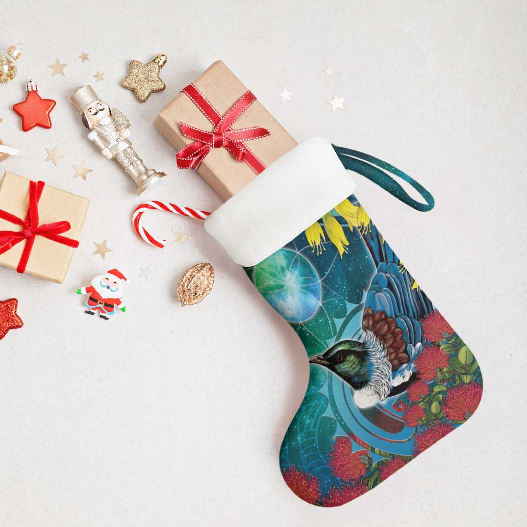 New Zealand Tui Bird Christmas Stocking Maori Koru With Pohutukawa Galaxy Style - Aussie Hoodie