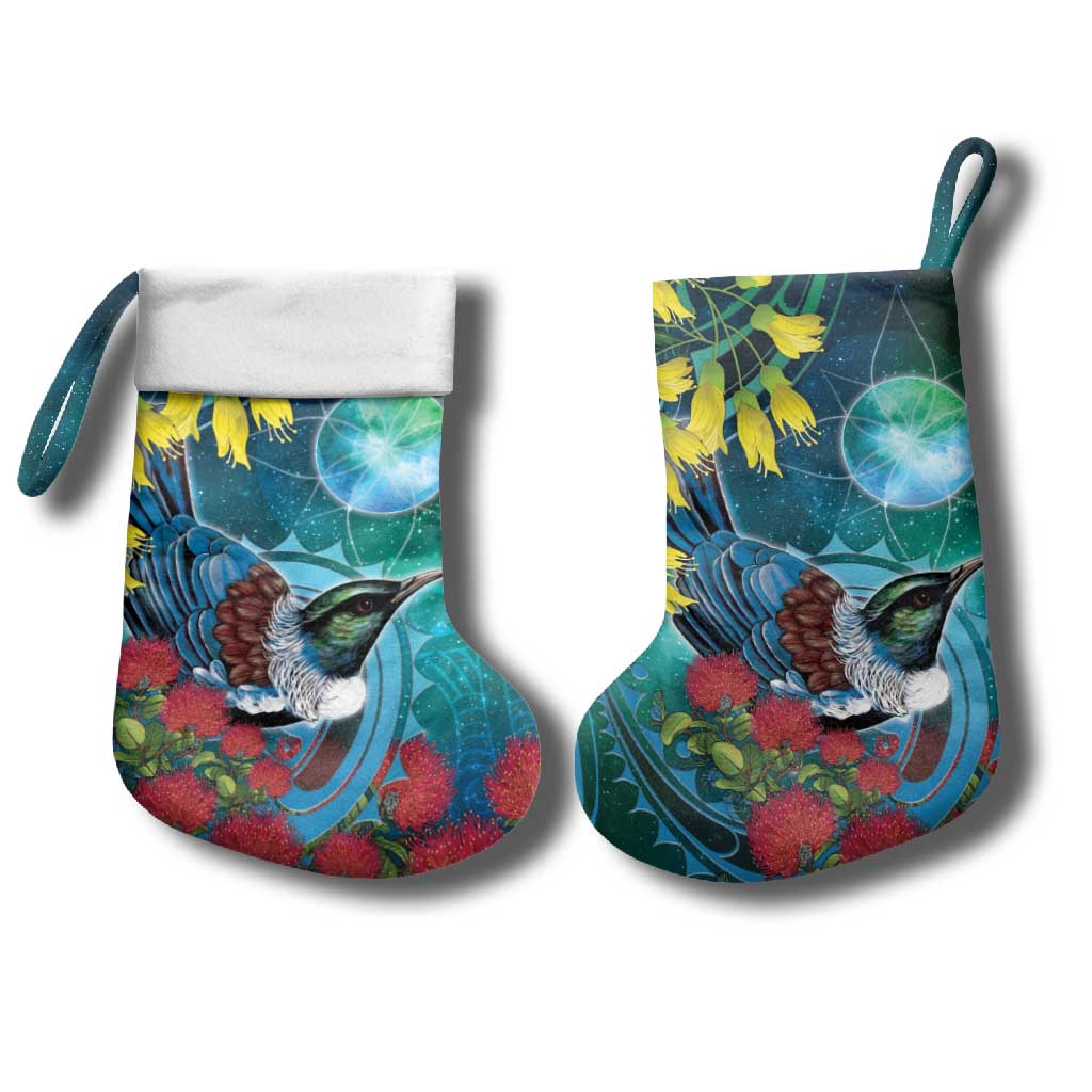 New Zealand Tui Bird Christmas Stocking Maori Koru With Pohutukawa Galaxy Style - Aussie Hoodie