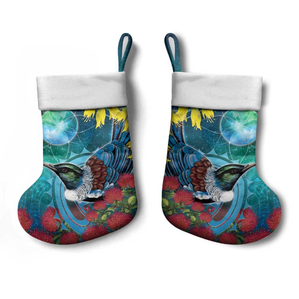 New Zealand Tui Bird Christmas Stocking Maori Koru With Pohutukawa Galaxy Style - Aussie Hoodie