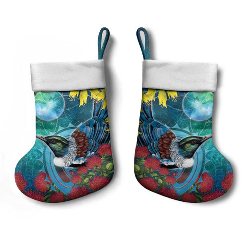 New Zealand Tui Bird Christmas Stocking Maori Koru With Pohutukawa Galaxy Style - Aussie Hoodie
