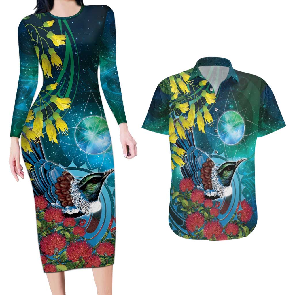 New Zealand Tui Bird Couples Matching Long Sleeve Bodycon Dress and Hawaiian Shirt Maori Koru With Pohutukawa Galaxy Style - Aussie Hoodie