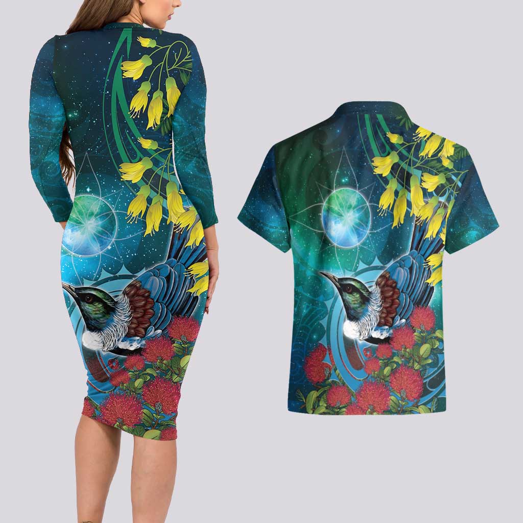 New Zealand Tui Bird Couples Matching Long Sleeve Bodycon Dress and Hawaiian Shirt Maori Koru With Pohutukawa Galaxy Style - Aussie Hoodie