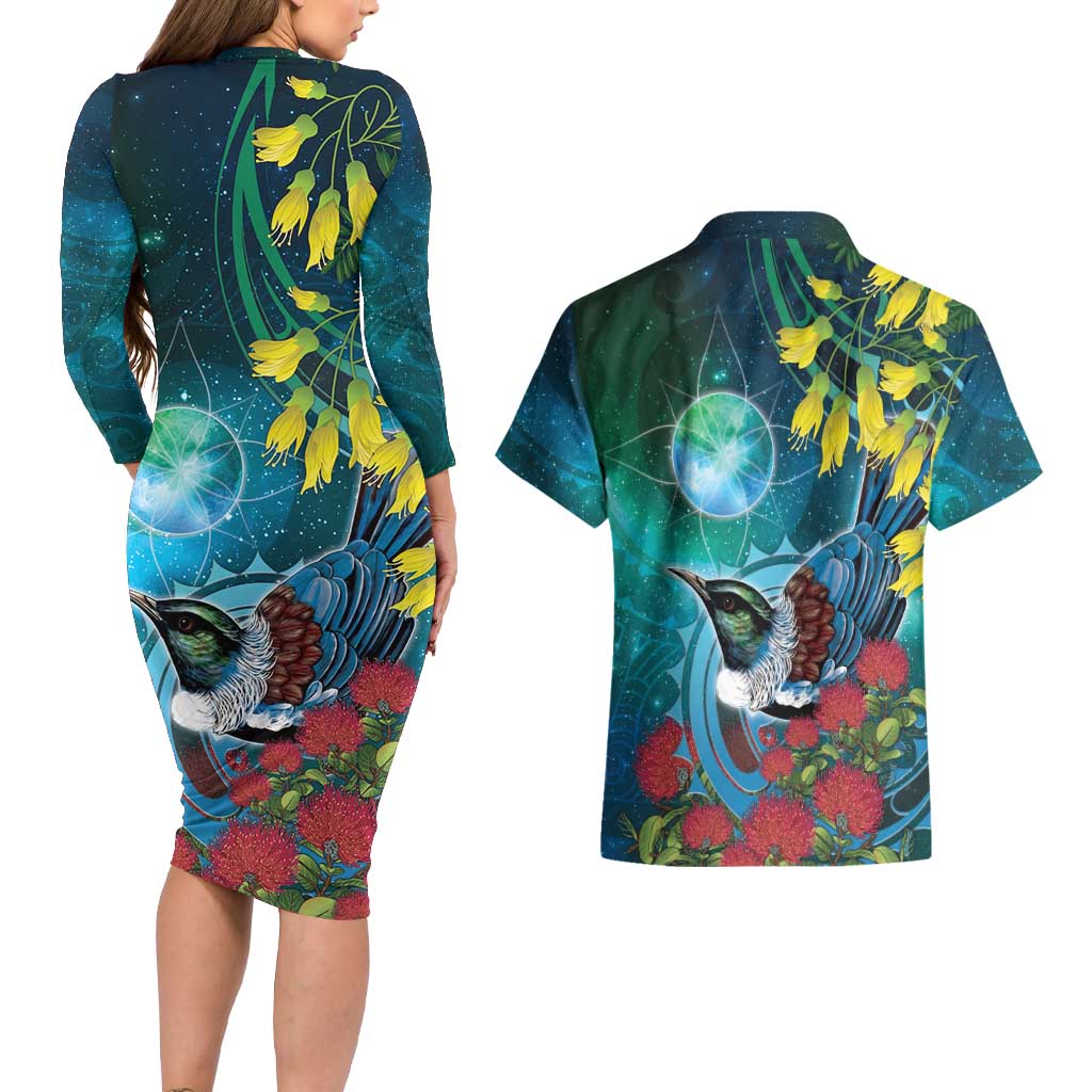 New Zealand Tui Bird Couples Matching Long Sleeve Bodycon Dress and Hawaiian Shirt Maori Koru With Pohutukawa Galaxy Style - Aussie Hoodie