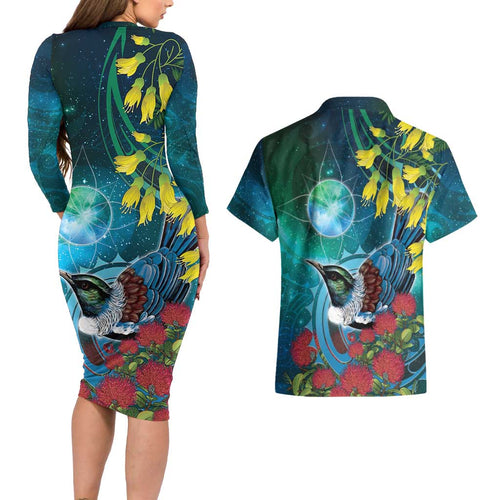 New Zealand Tui Bird Couples Matching Long Sleeve Bodycon Dress and Hawaiian Shirt Maori Koru With Pohutukawa Galaxy Style - Aussie Hoodie