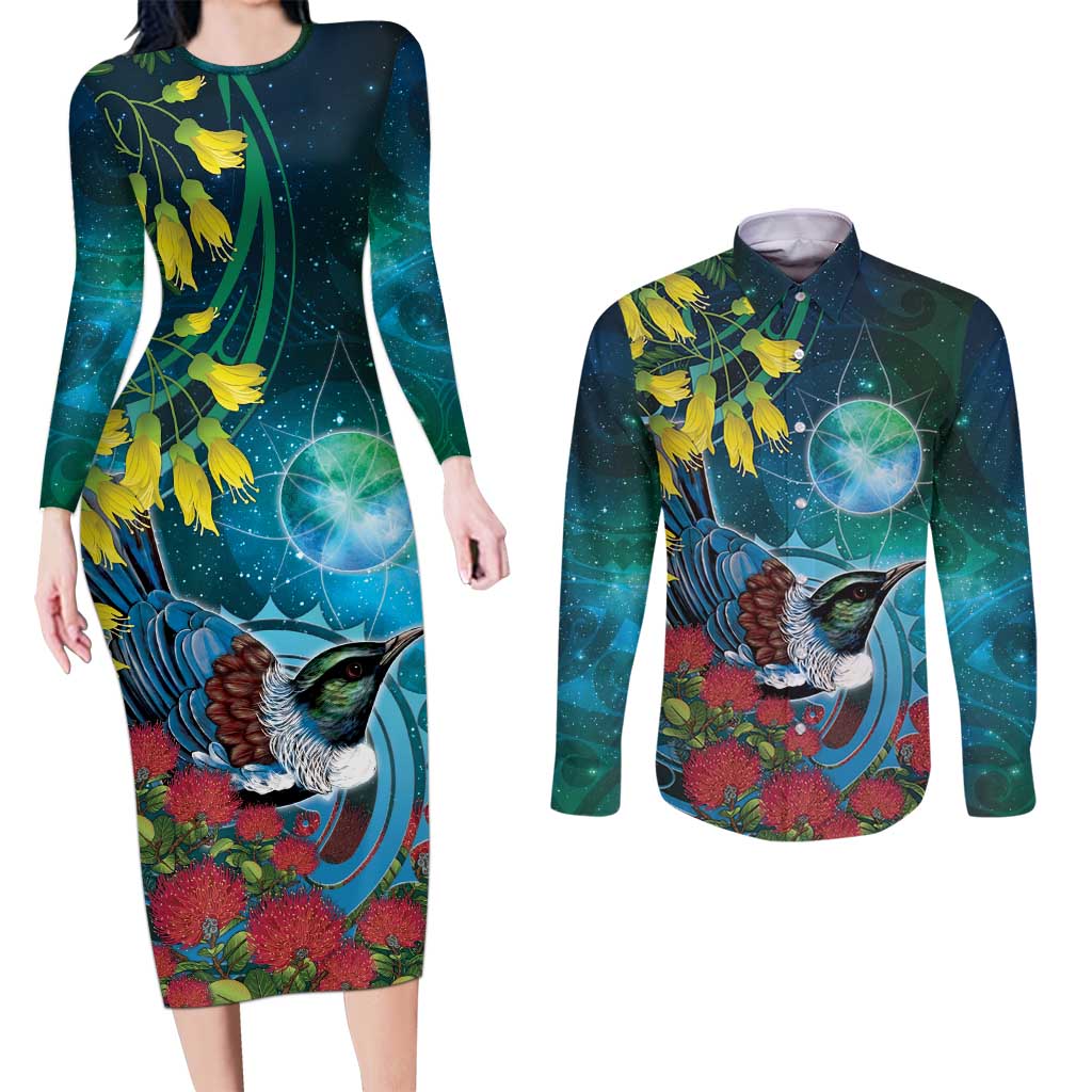 New Zealand Tui Bird Couples Matching Long Sleeve Bodycon Dress and Long Sleeve Button Shirt Maori Koru With Pohutukawa Galaxy Style - Aussie Hoodie