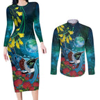 New Zealand Tui Bird Couples Matching Long Sleeve Bodycon Dress and Long Sleeve Button Shirt Maori Koru With Pohutukawa Galaxy Style - Aussie Hoodie