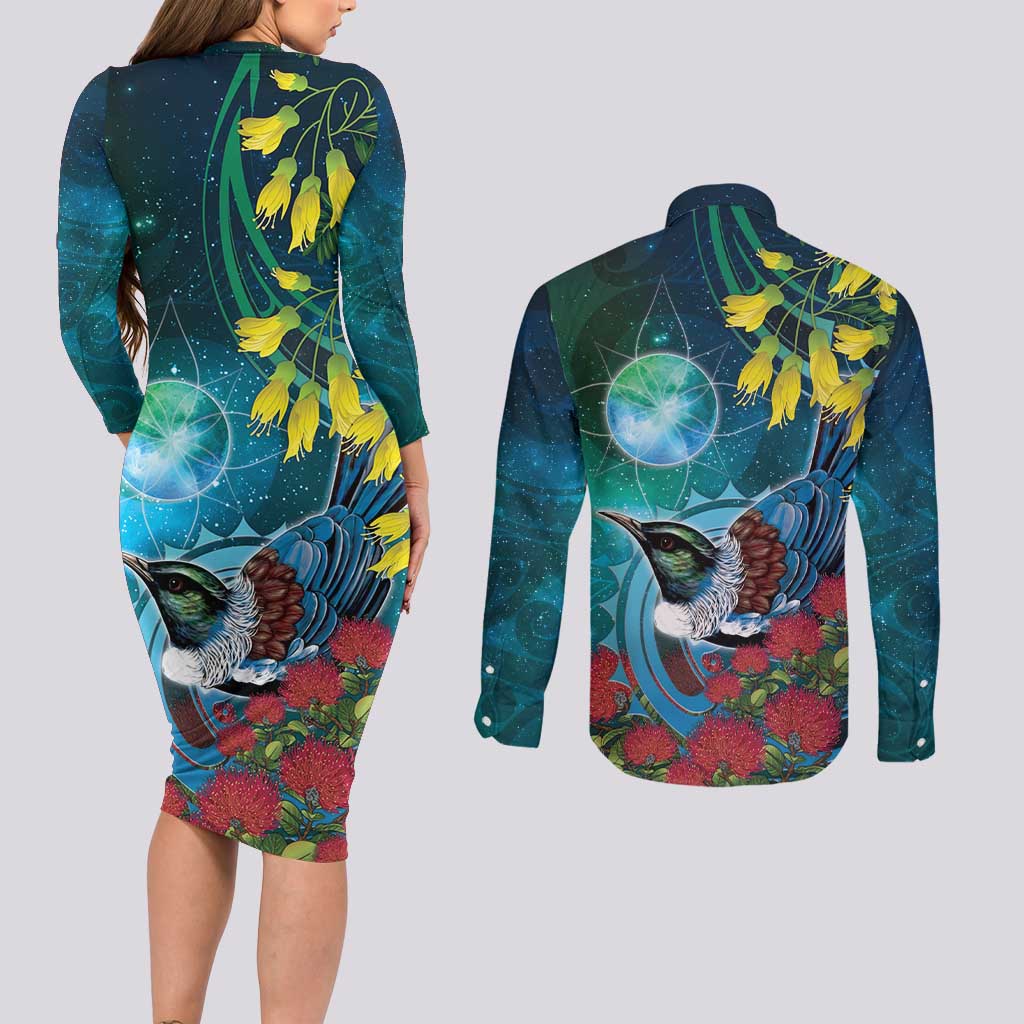 New Zealand Tui Bird Couples Matching Long Sleeve Bodycon Dress and Long Sleeve Button Shirt Maori Koru With Pohutukawa Galaxy Style - Aussie Hoodie
