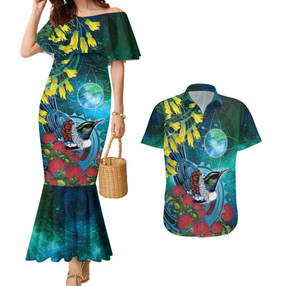 New Zealand Tui Bird Couples Matching Mermaid Dress and Hawaiian Shirt Maori Koru With Pohutukawa Galaxy Style - Aussie Hoodie