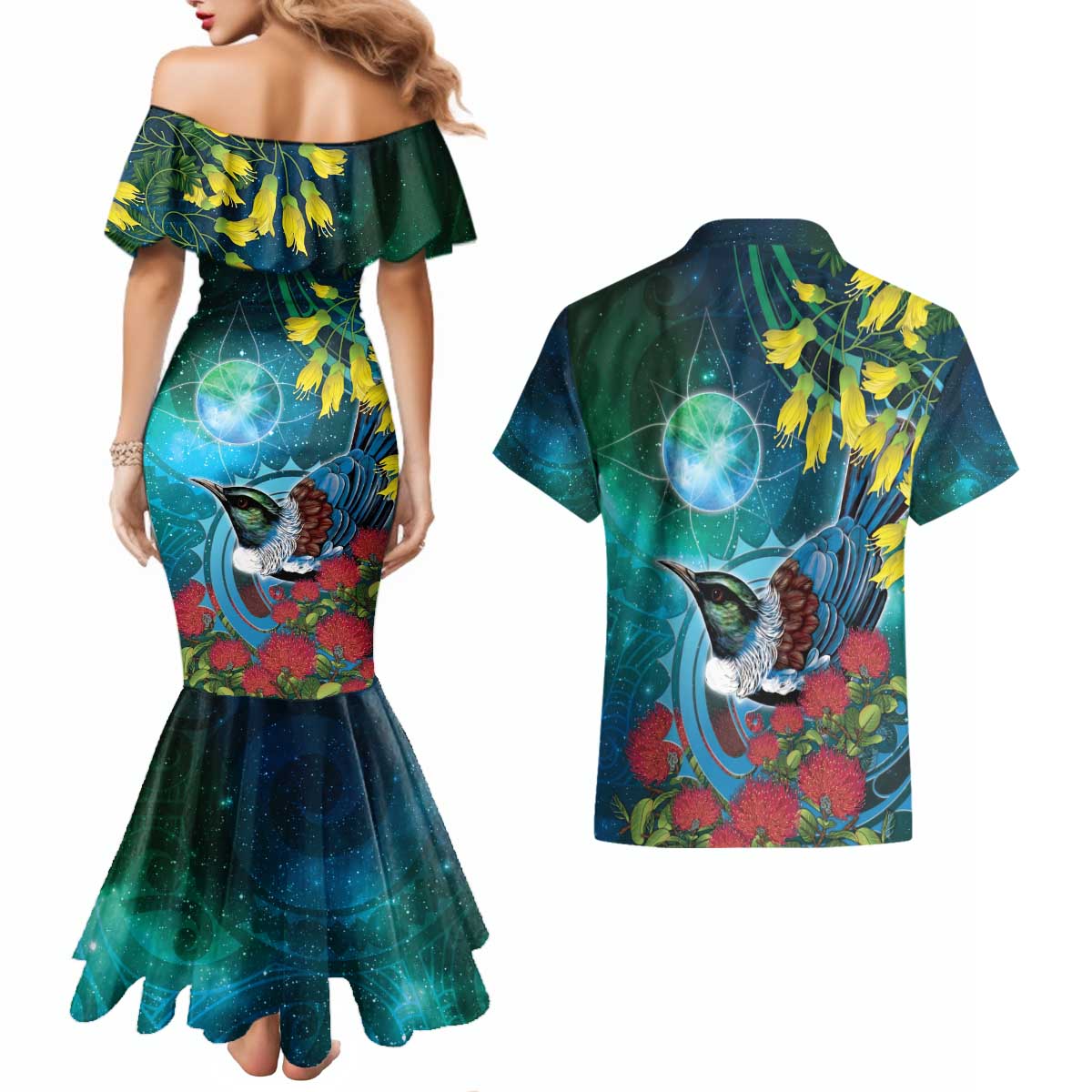New Zealand Tui Bird Couples Matching Mermaid Dress and Hawaiian Shirt Maori Koru With Pohutukawa Galaxy Style - Aussie Hoodie