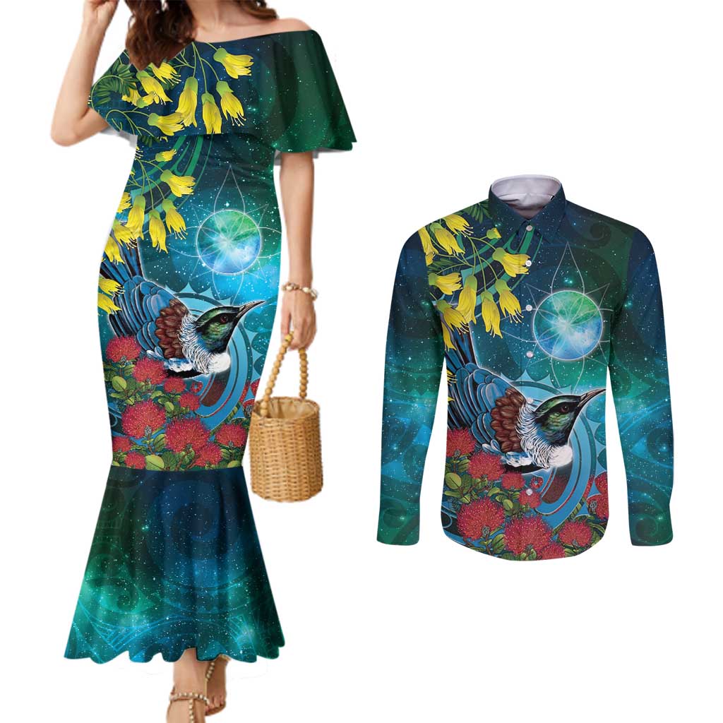 New Zealand Tui Bird Couples Matching Mermaid Dress and Long Sleeve Button Shirt Maori Koru With Pohutukawa Galaxy Style - Aussie Hoodie